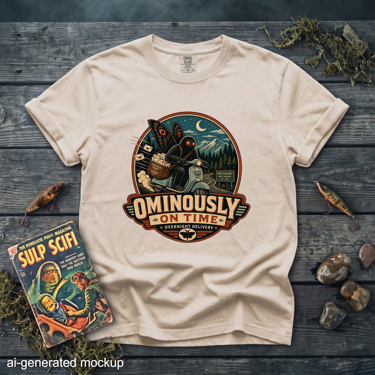 T-shirt graphic featuring Mothman riding a scooter with "Ominously On Time" text.