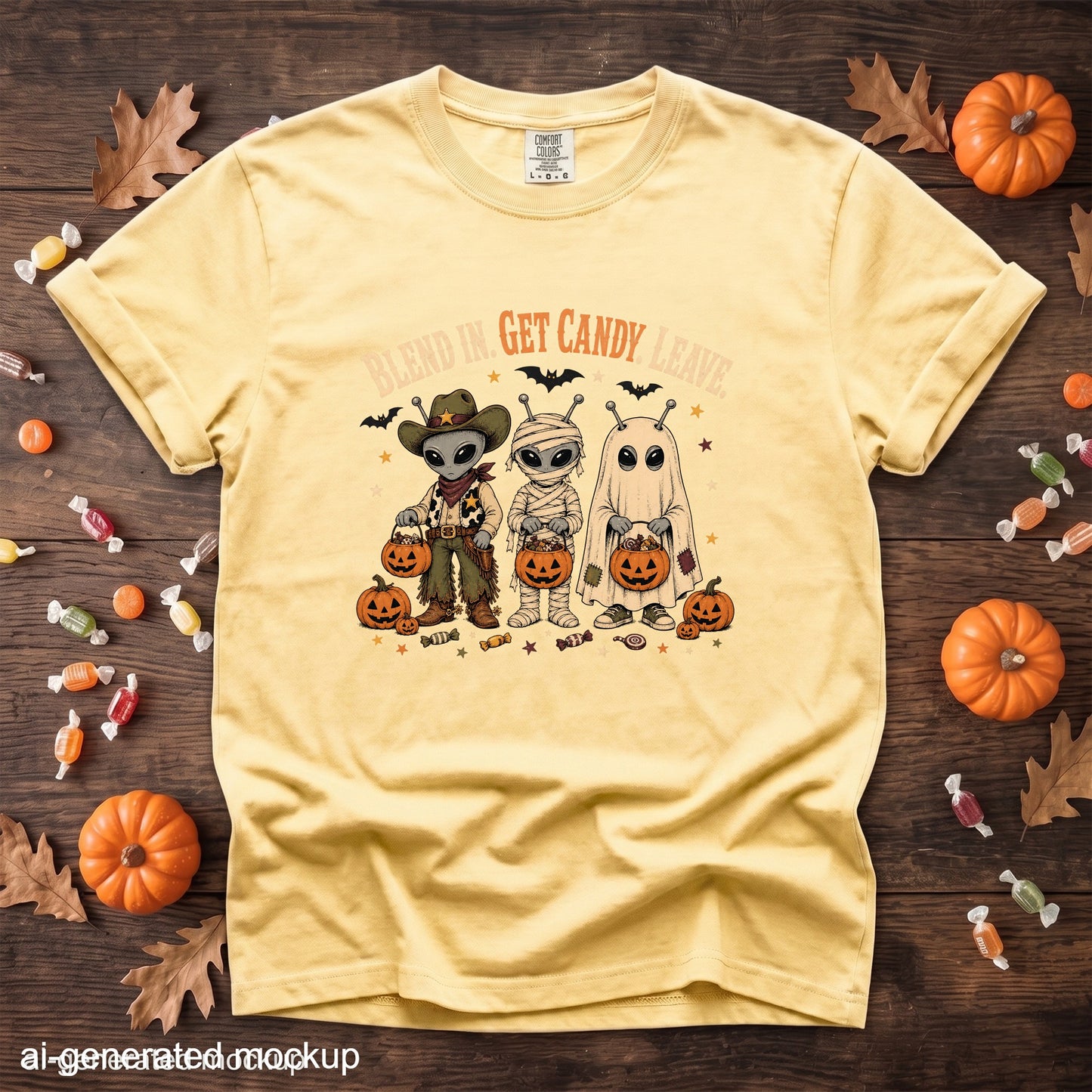 Yellow t-shirt with aliens dressed as a cowboy, mummy, and ghost saying "Blend In. Get Candy. Leave."