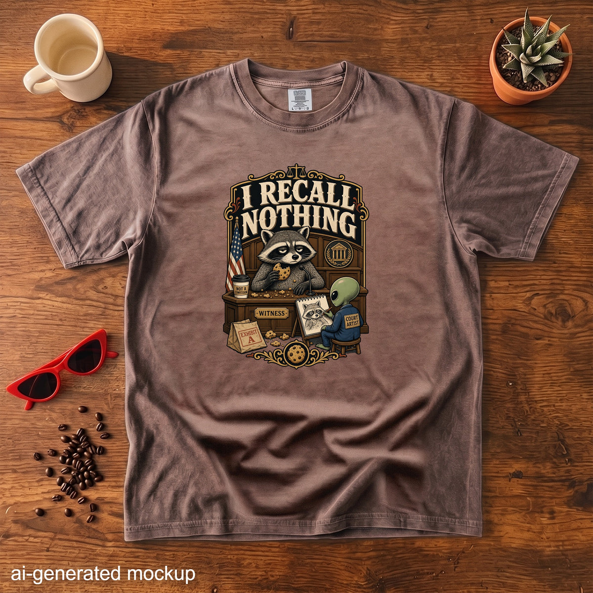 Brown t-shirt with a graphic of a raccoon witness and alien court artist saying "I recall nothing."