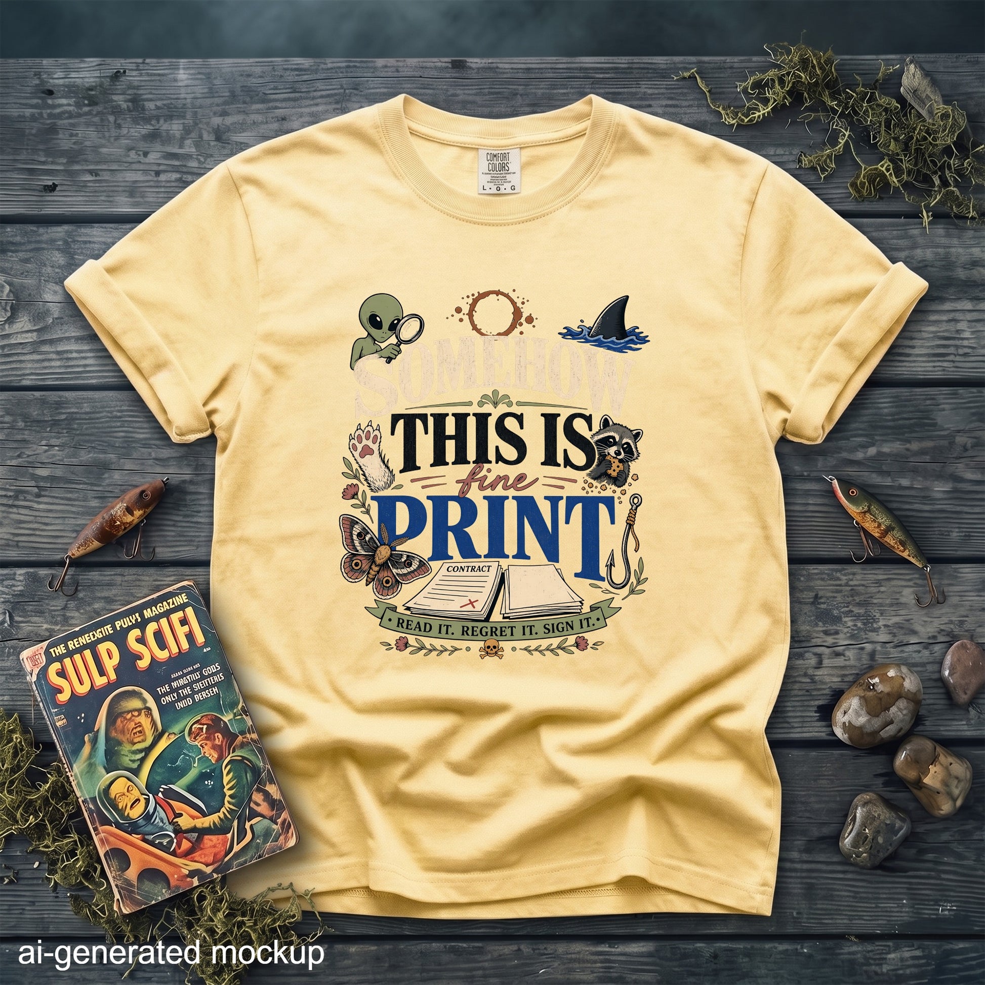 A light yellow t-shirt with graphic art reading THIS IS FINE PRINT, surrounded by whimsical illustrations.