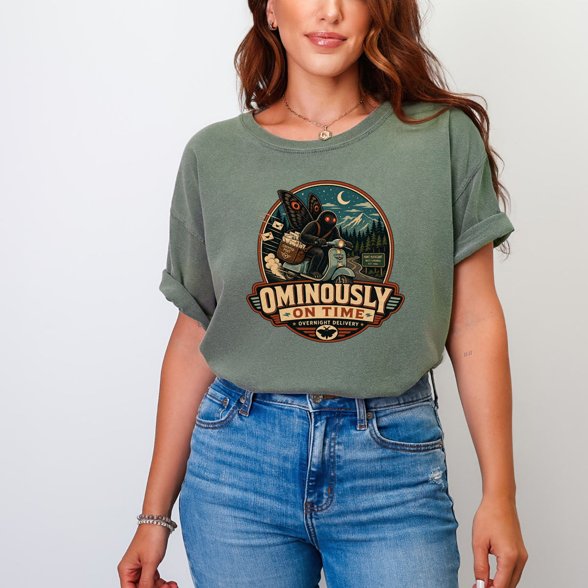 Mothman riding a scooter with "Ominously On Time" and "Overnight Delivery" text.