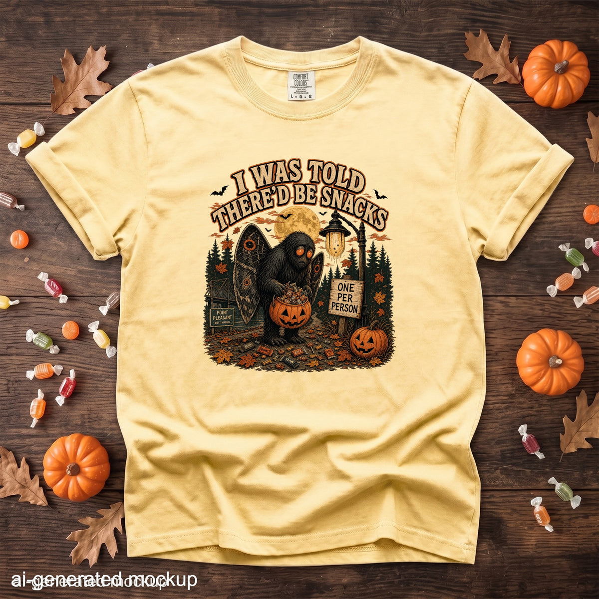 Yellow t-shirt with "I WAS TOLD THERE'D BE SNACKS" and Mothman graphic.