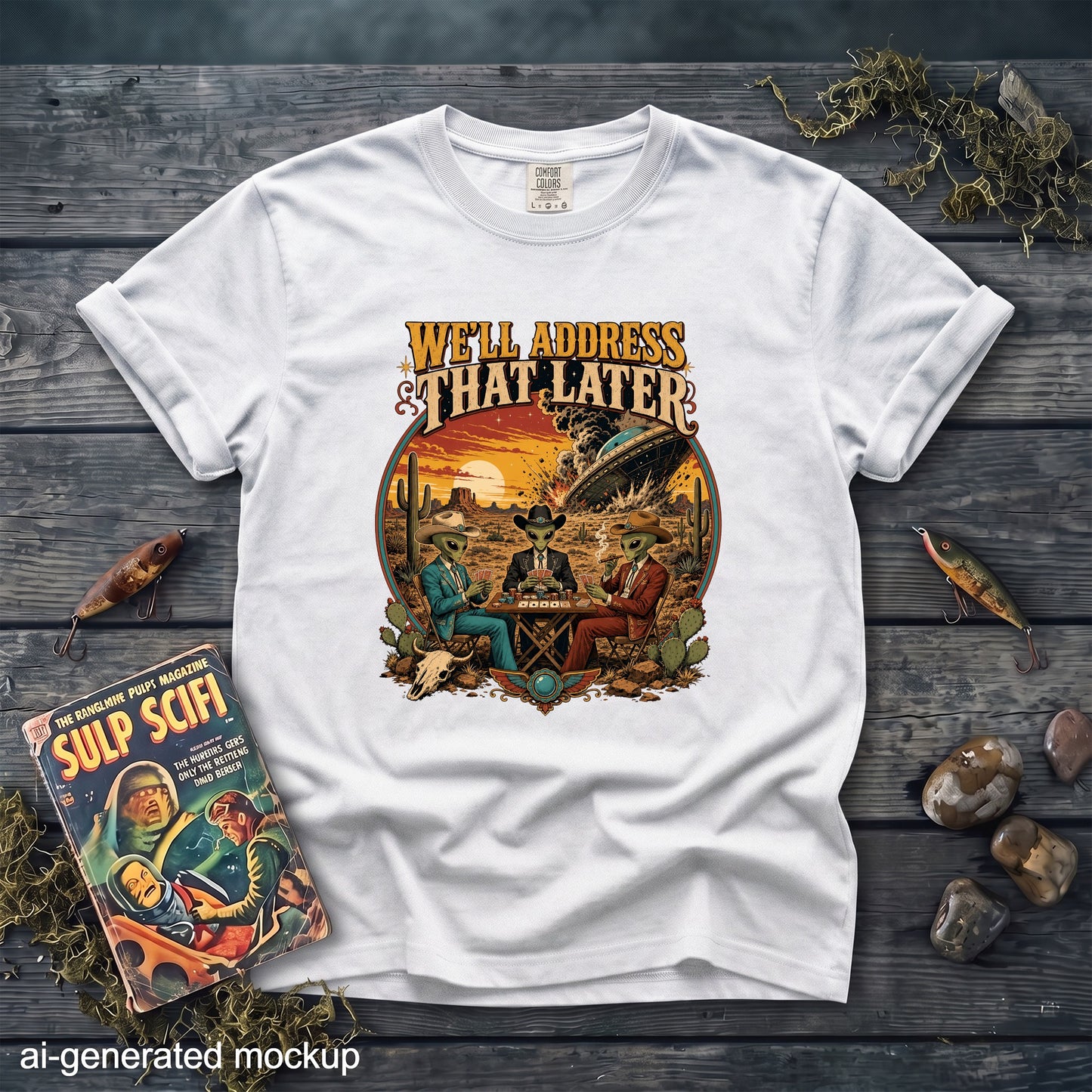 White t-shirt with aliens playing poker and a UFO in a desert landscape.
