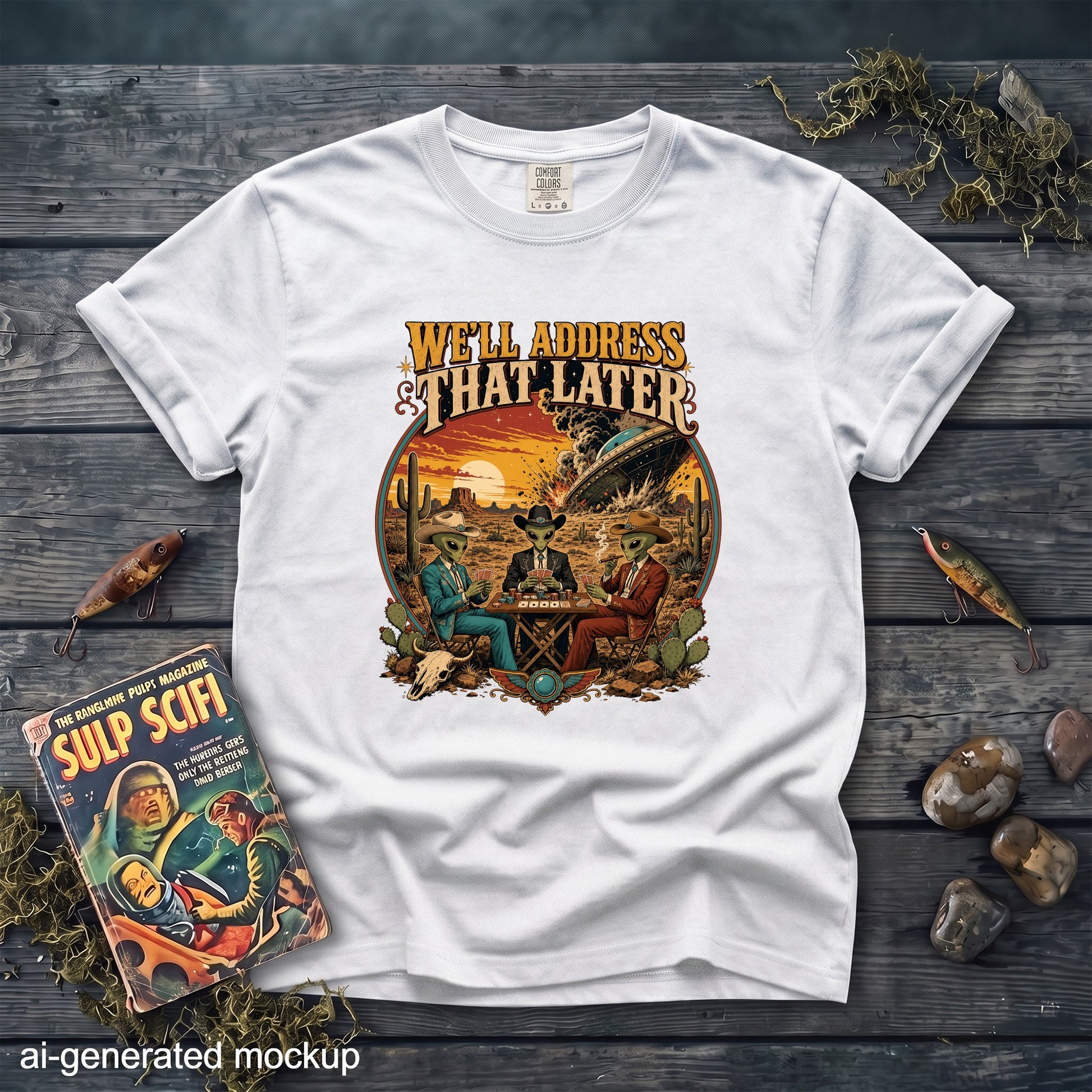 White t-shirt with aliens playing poker and a UFO in a desert landscape.