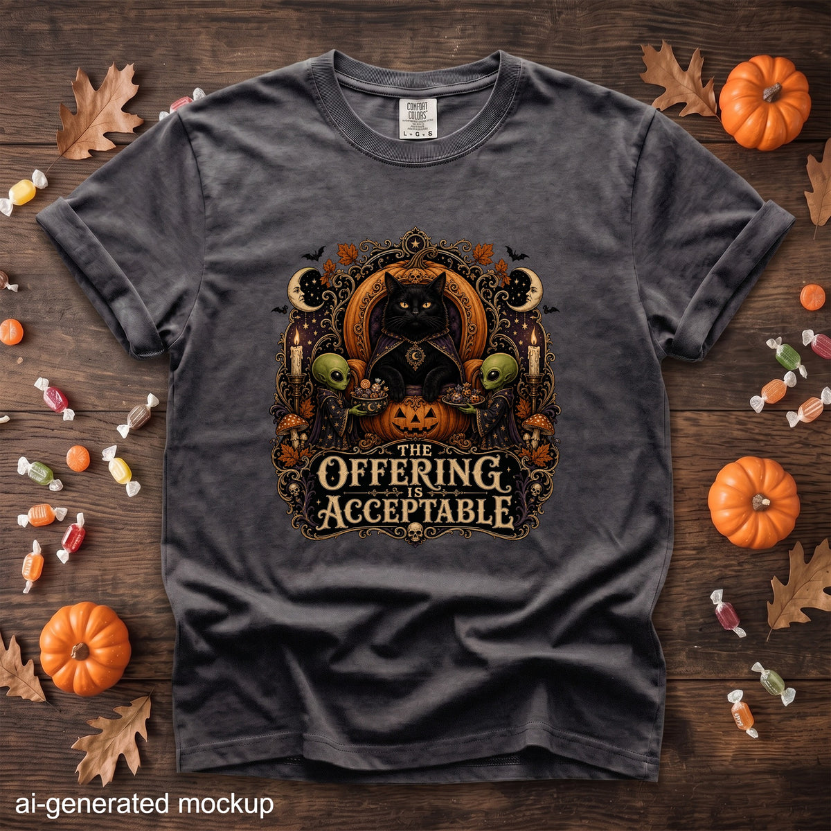 Black cat with aliens and pumpkins on a t-shirt with text "The Offering Is Acceptable".