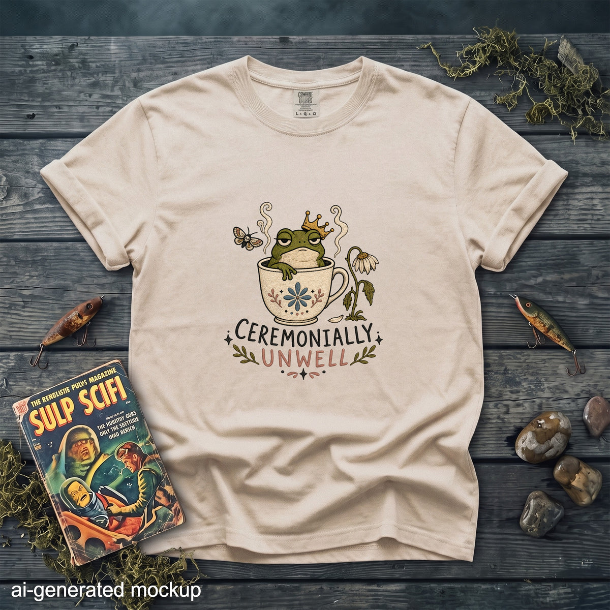 T-shirt with a frog in a crown in a teacup and text "CEREMONIALLY UNWELL".