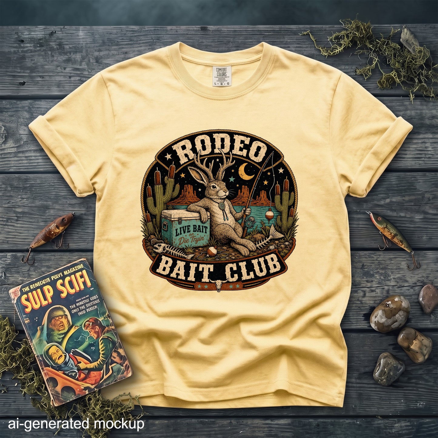 Yellow t-shirt with "Rodeo Bait Club" graphic featuring a rabbit fishing.