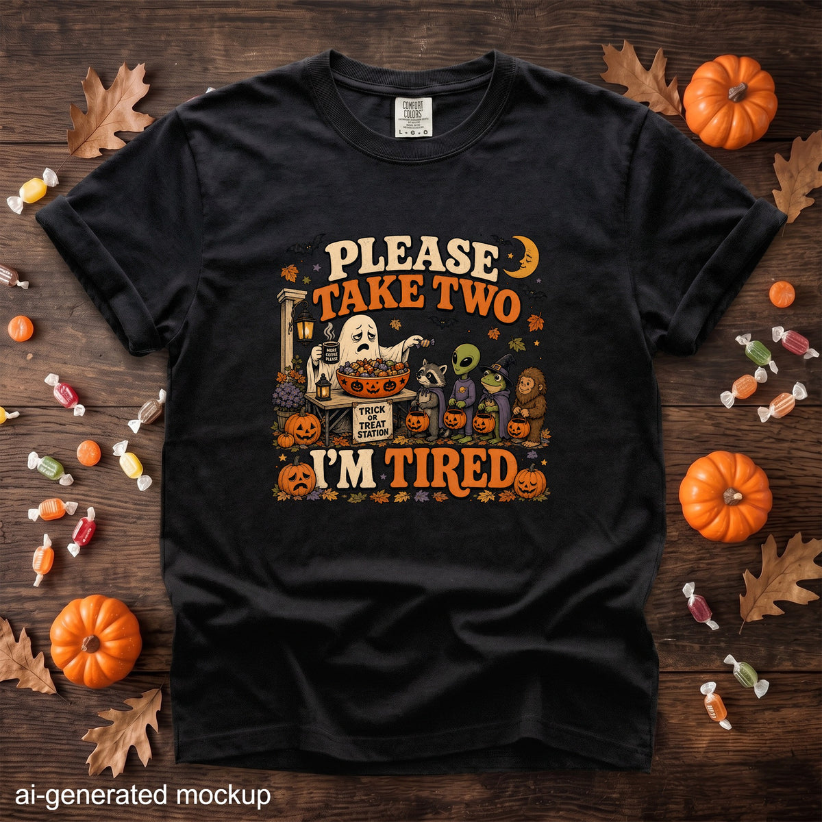 Black t-shirt with Halloween graphic: "Please take two, I'm tired"