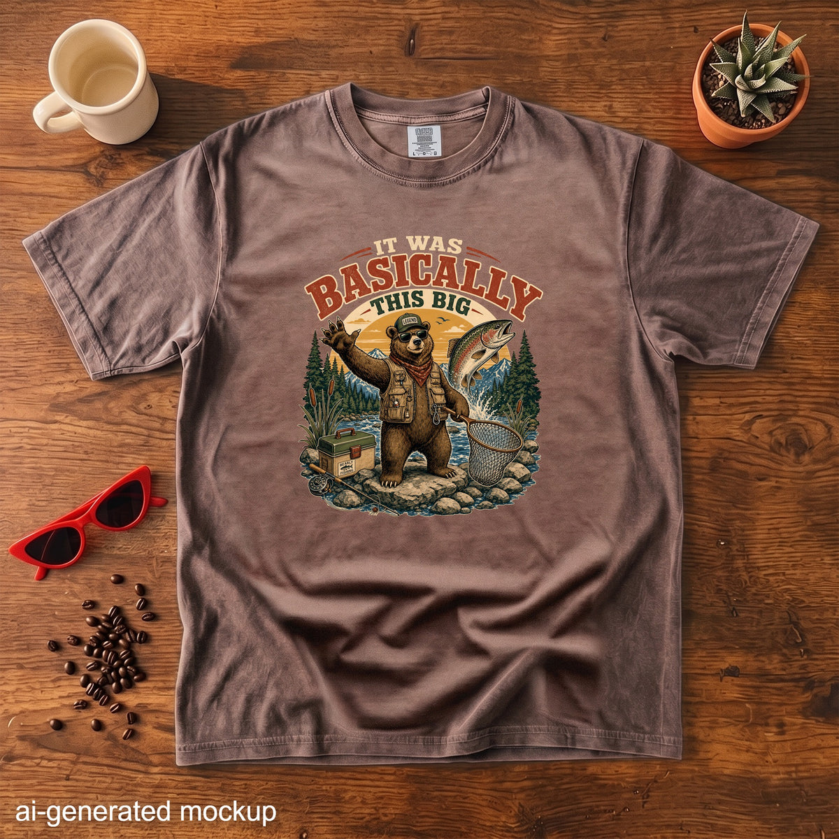 Brown t-shirt with graphic of bear fishing, catching a large salmon, text "It was Basically This Big".