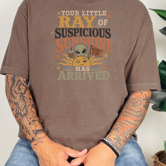 Your little ray of suspicious sunshine has arrived graphic on brown shirt.