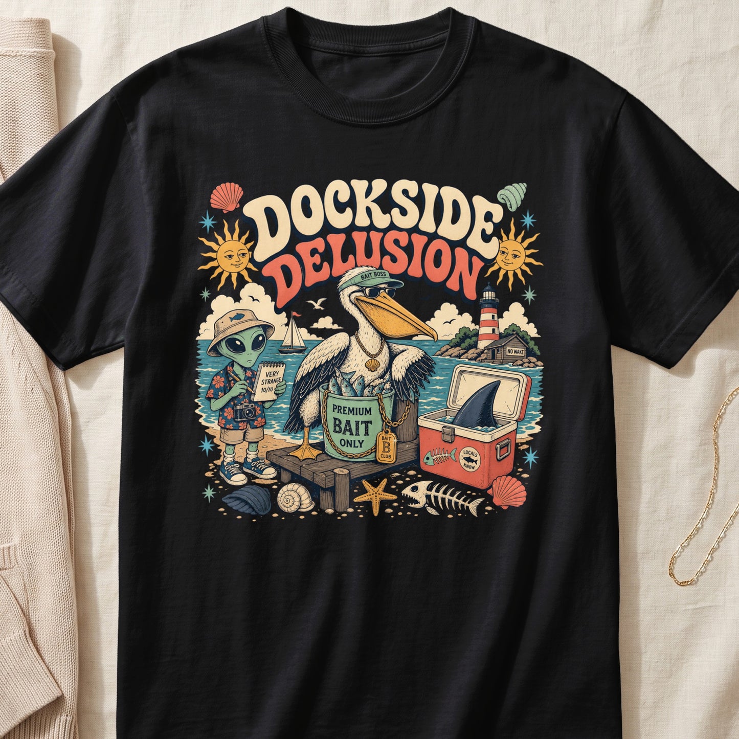 Black t-shirt graphic with alien, pelican, and shark fin at a dock with "Dockside Delusion" text.