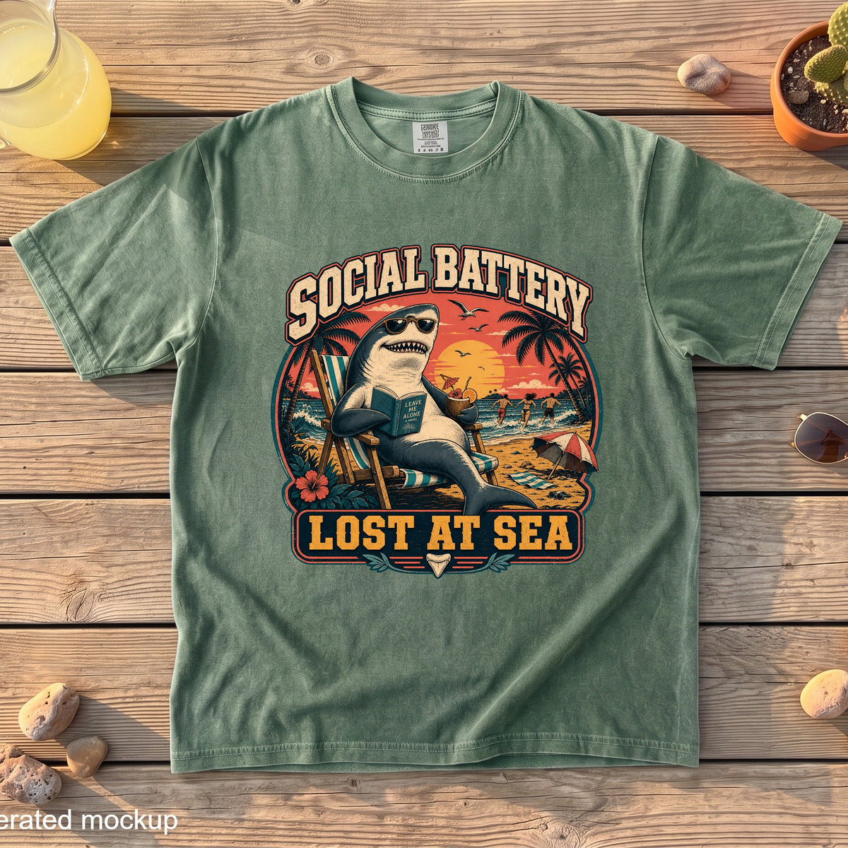 T-shirt graphic of a shark relaxing on a beach chair reading a book with text "Social Battery Lost At Sea."