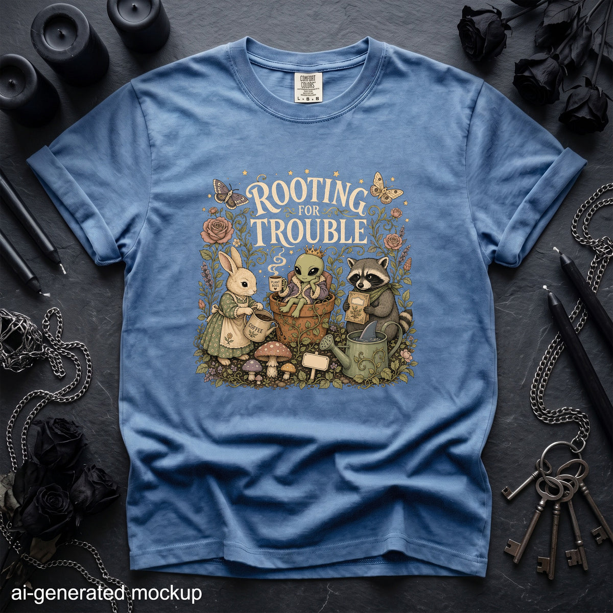T-shirt with "Rooting for Trouble" text featuring rabbit, alien, and raccoon gardening.