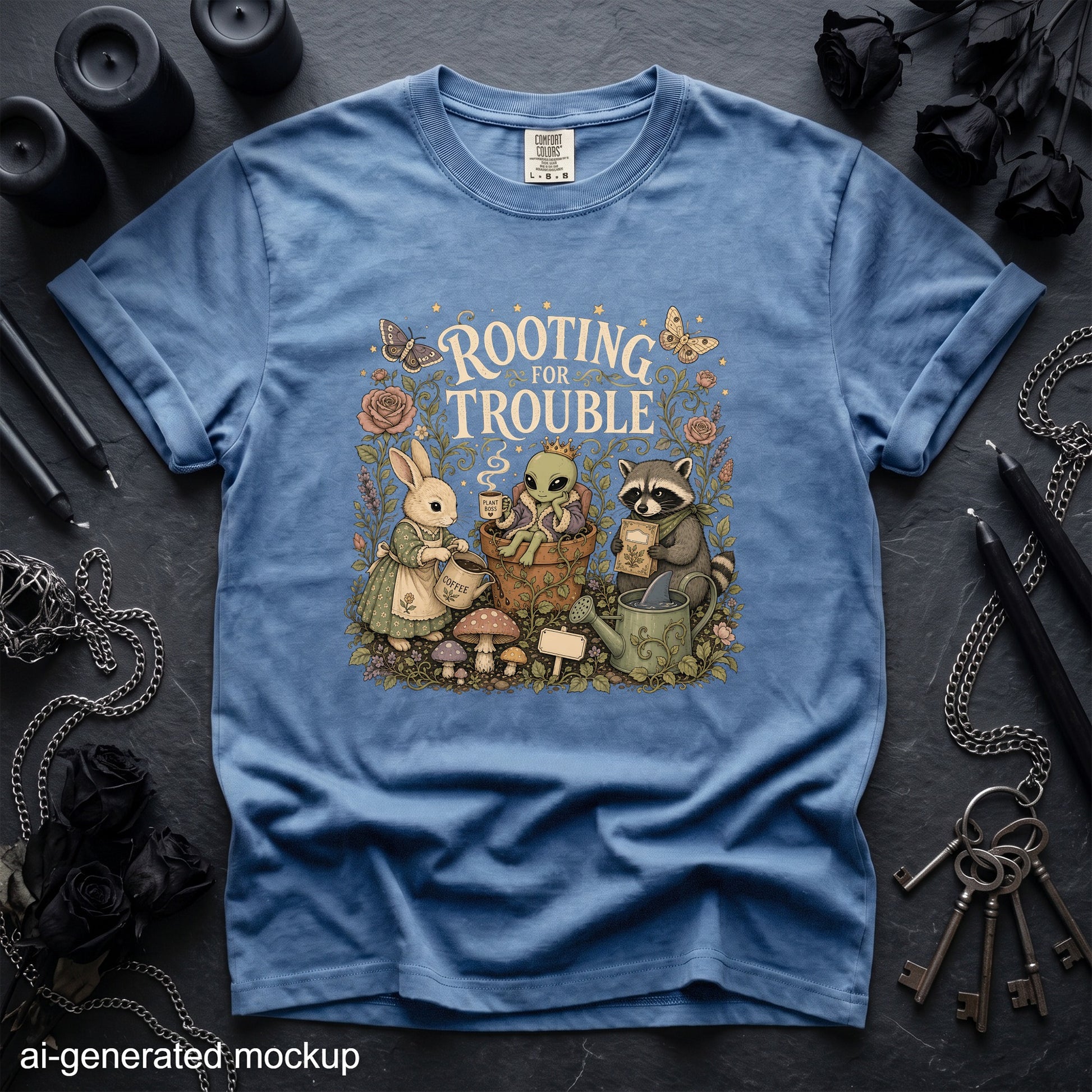 T-shirt with "Rooting for Trouble" text featuring rabbit, alien, and raccoon gardening.