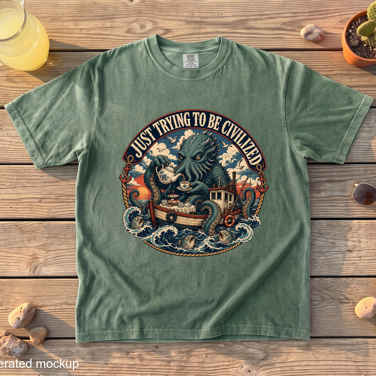 Green t-shirt with octopus drinking tea on a boat, "Just Trying To Be Civilized" text.