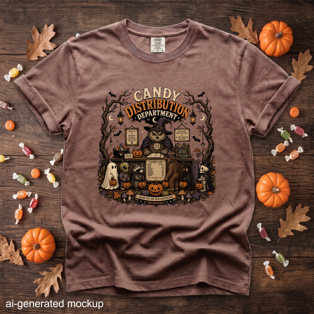 Brown t-shirt with a Halloween graphic of an owl in a hat at a candy counter with various monsters.