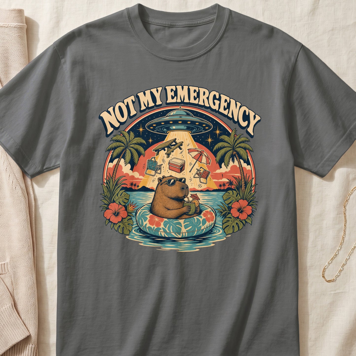 Capybara in a float under a UFO, with text "NOT MY EMERGENCY" at the top.