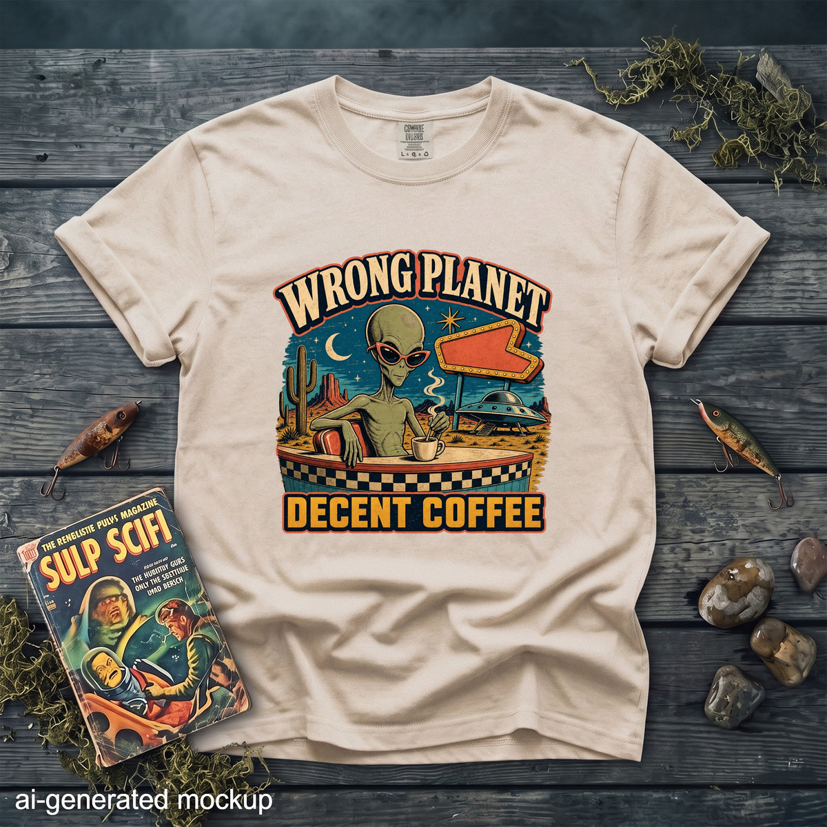 Cream t-shirt with graphic of an alien drinking coffee with text "Wrong Planet Decent Coffee".