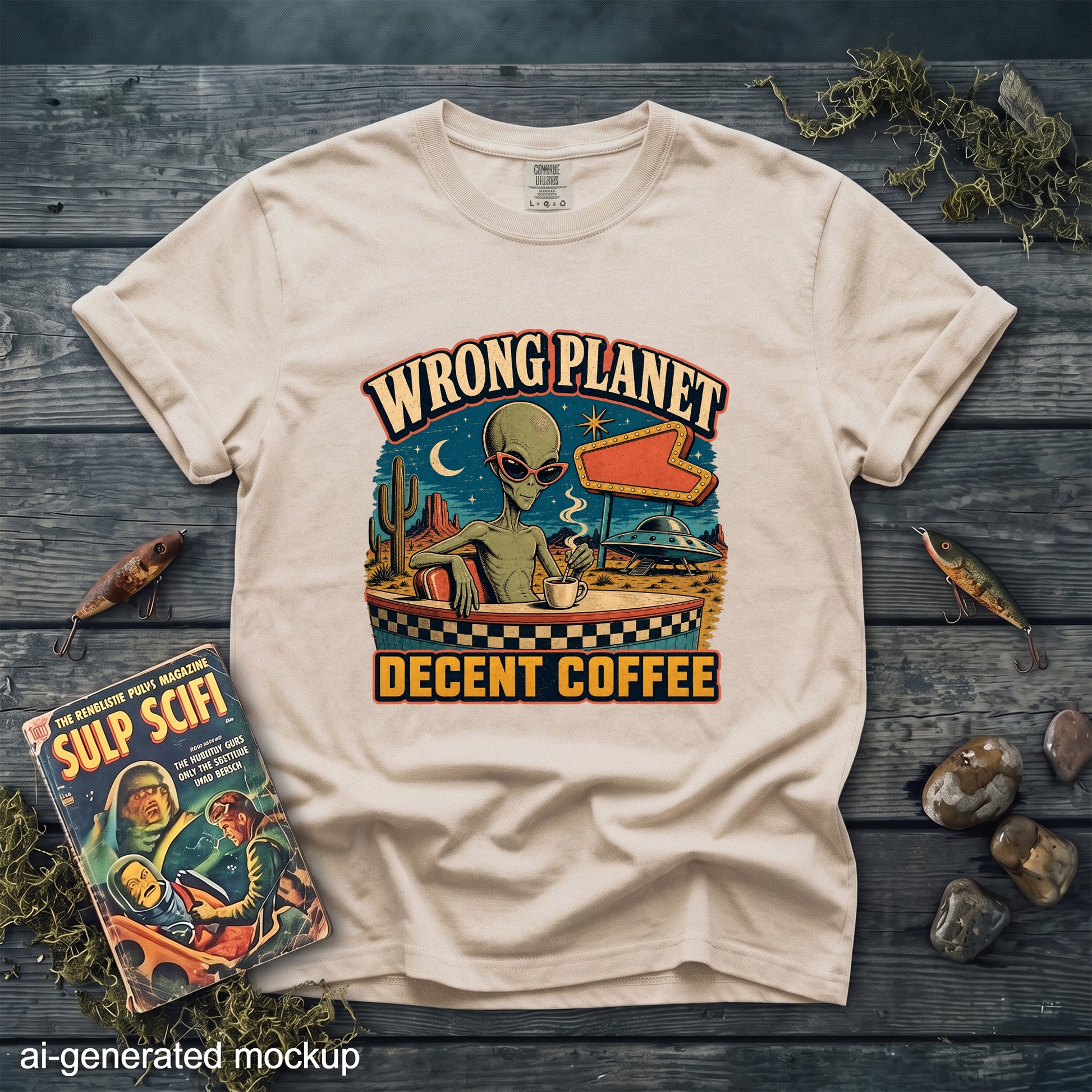 Cream t-shirt with graphic of an alien drinking coffee with text "Wrong Planet Decent Coffee".