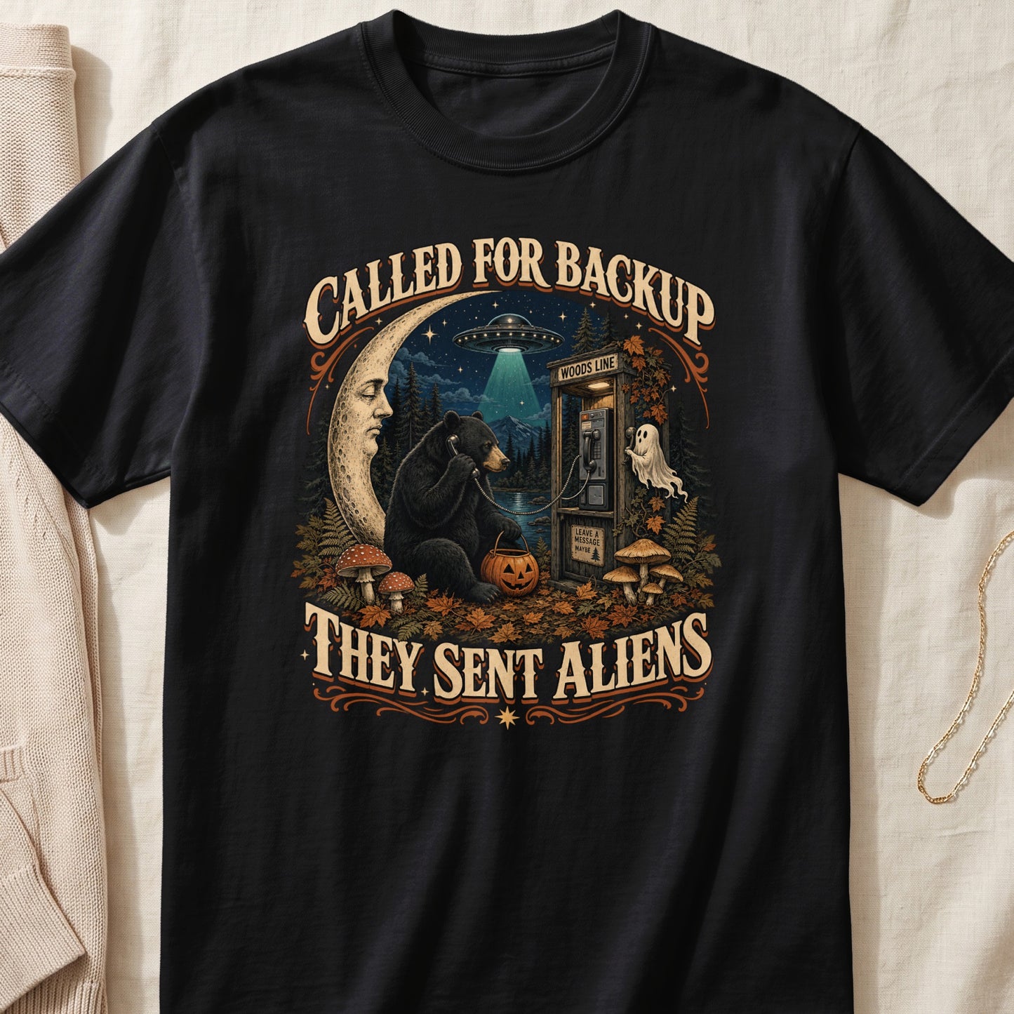 Bear on phone with pumpkin, alien UFO, and ghost with text "Called for Backup They Sent Aliens".