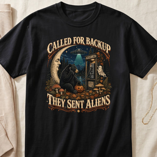 Bear on phone with pumpkin, alien UFO, and ghost with text "Called for Backup They Sent Aliens".