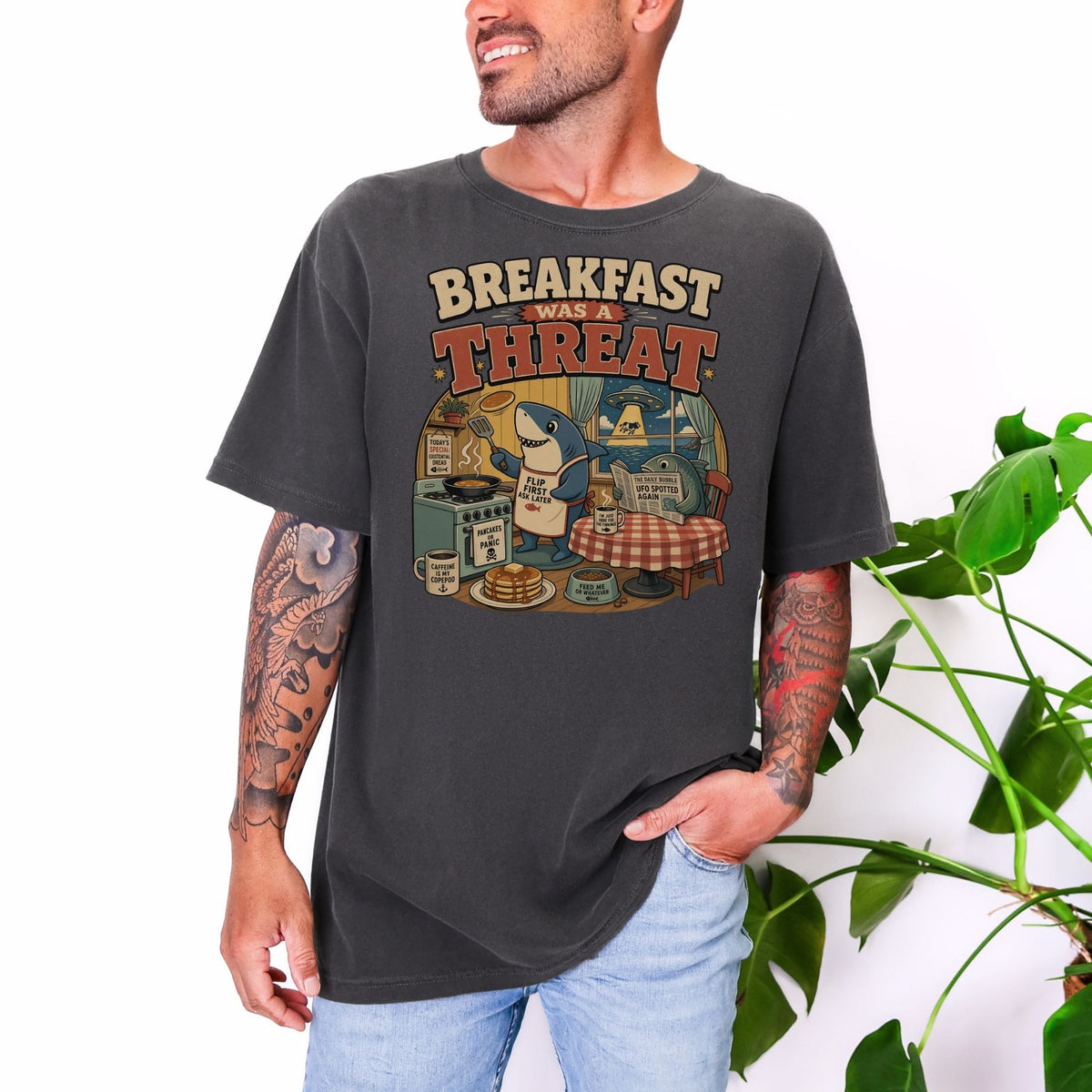 Shark making pancakes with text "Breakfast was a threat".
