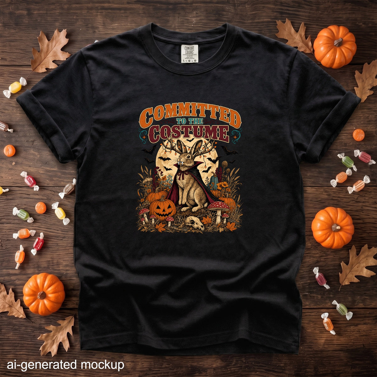 Black t-shirt with "Committed to the Costume" graphic featuring a rabbit vampire.
