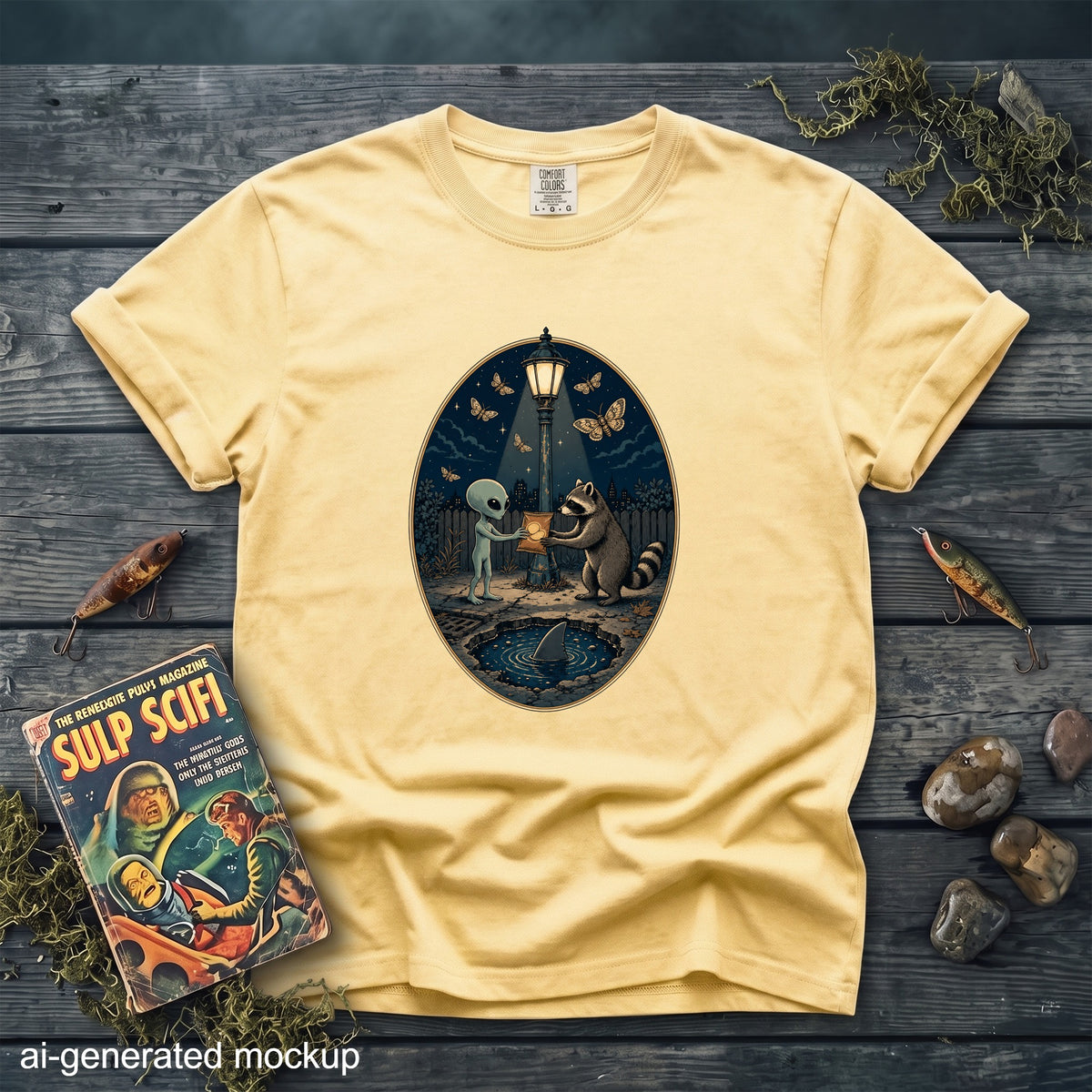 Yellow t-shirt with oval graphic of alien and raccoon exchanging food by lamppost.