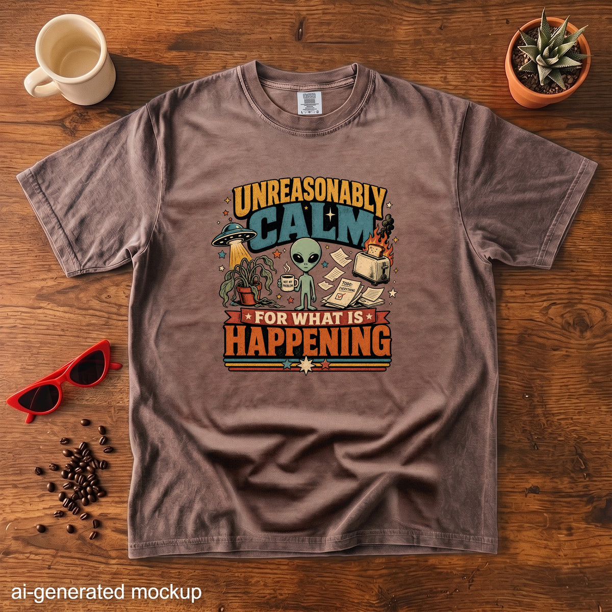 Brown t-shirt with alien graphic reading "Unreasonably Calm For What Is Happening."