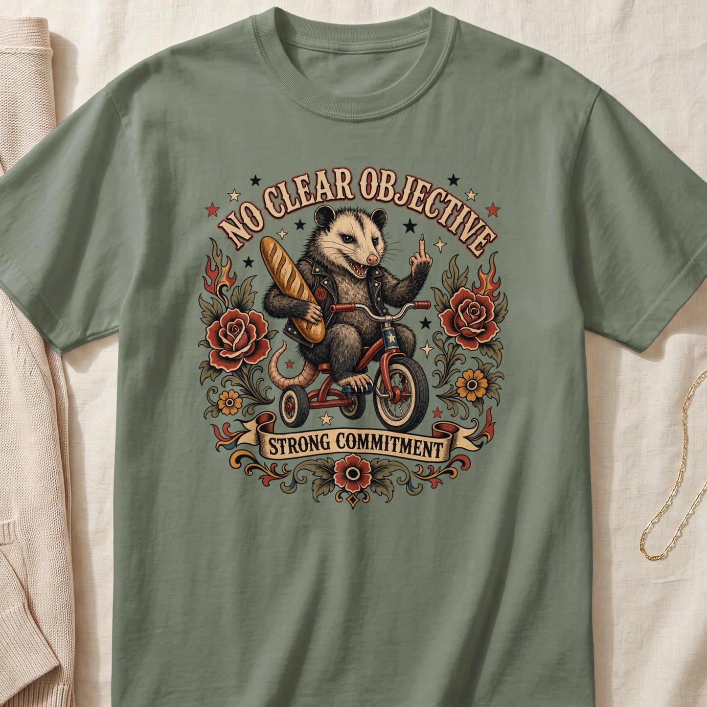 Opossum riding a tricycle with bread and middle finger, text "No Clear Objective Strong Commitment".