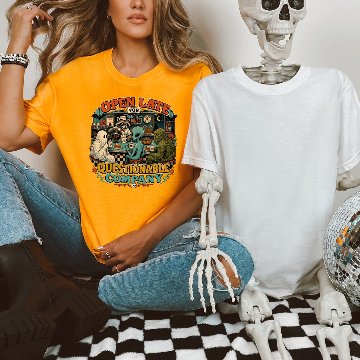 Orange t-shirt with "Open Late For Monster Diner" graphic featuring creatures.