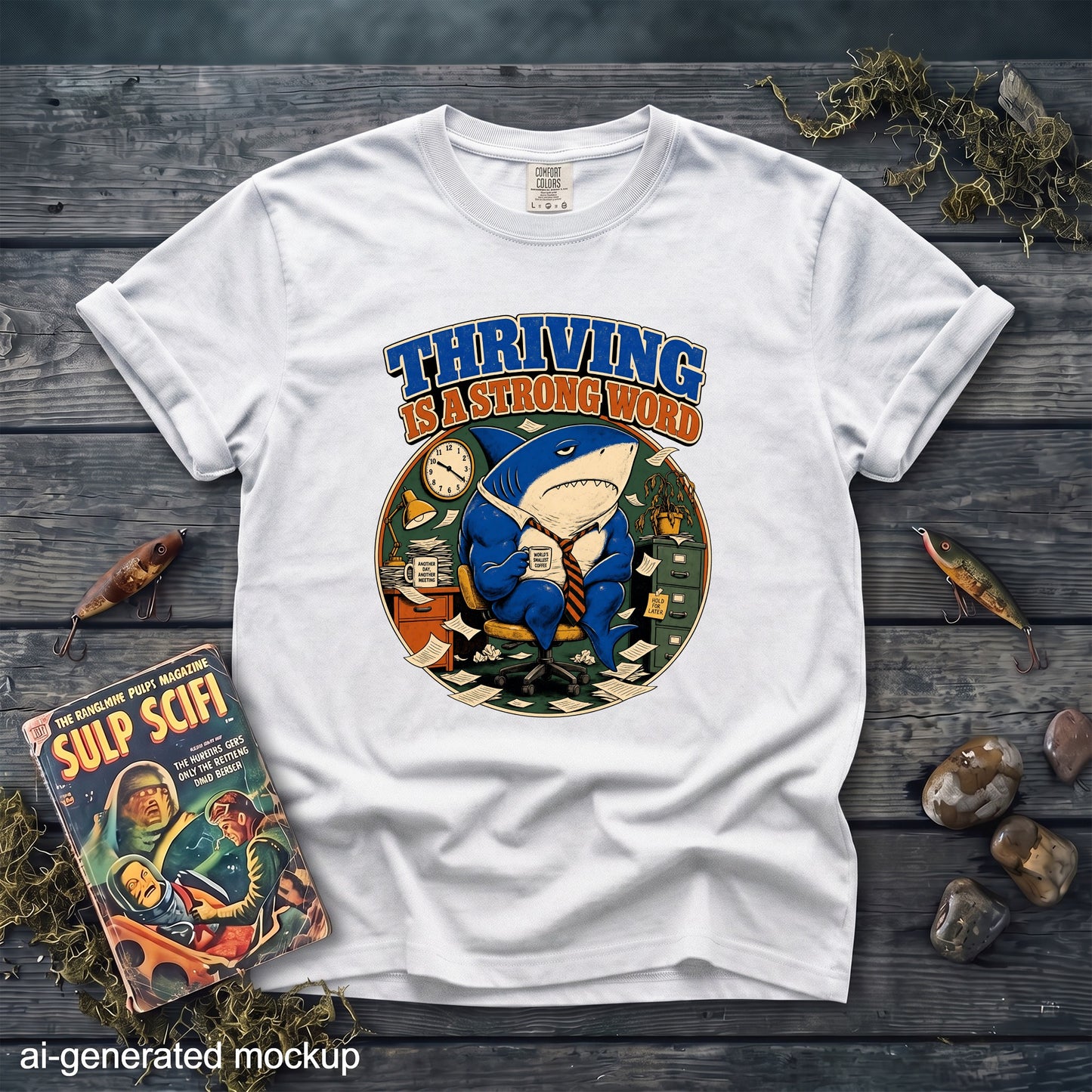 White t-shirt with a shark in a suit in an office and text "Thriving is a strong word".