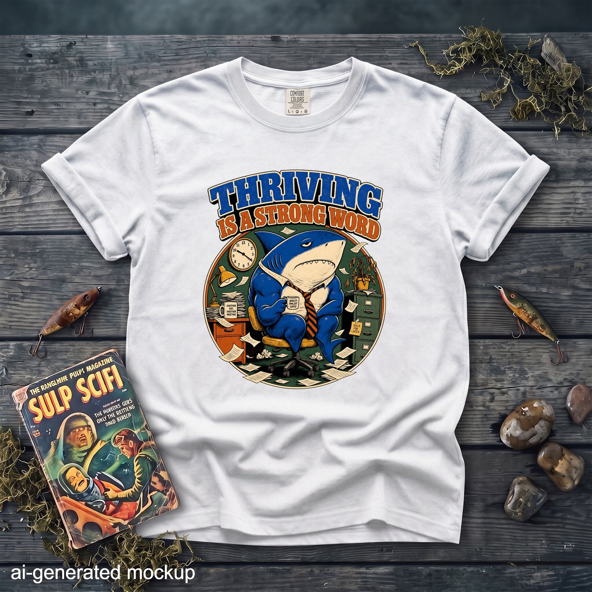 White t-shirt with a shark in a suit in an office and text "Thriving is a strong word".