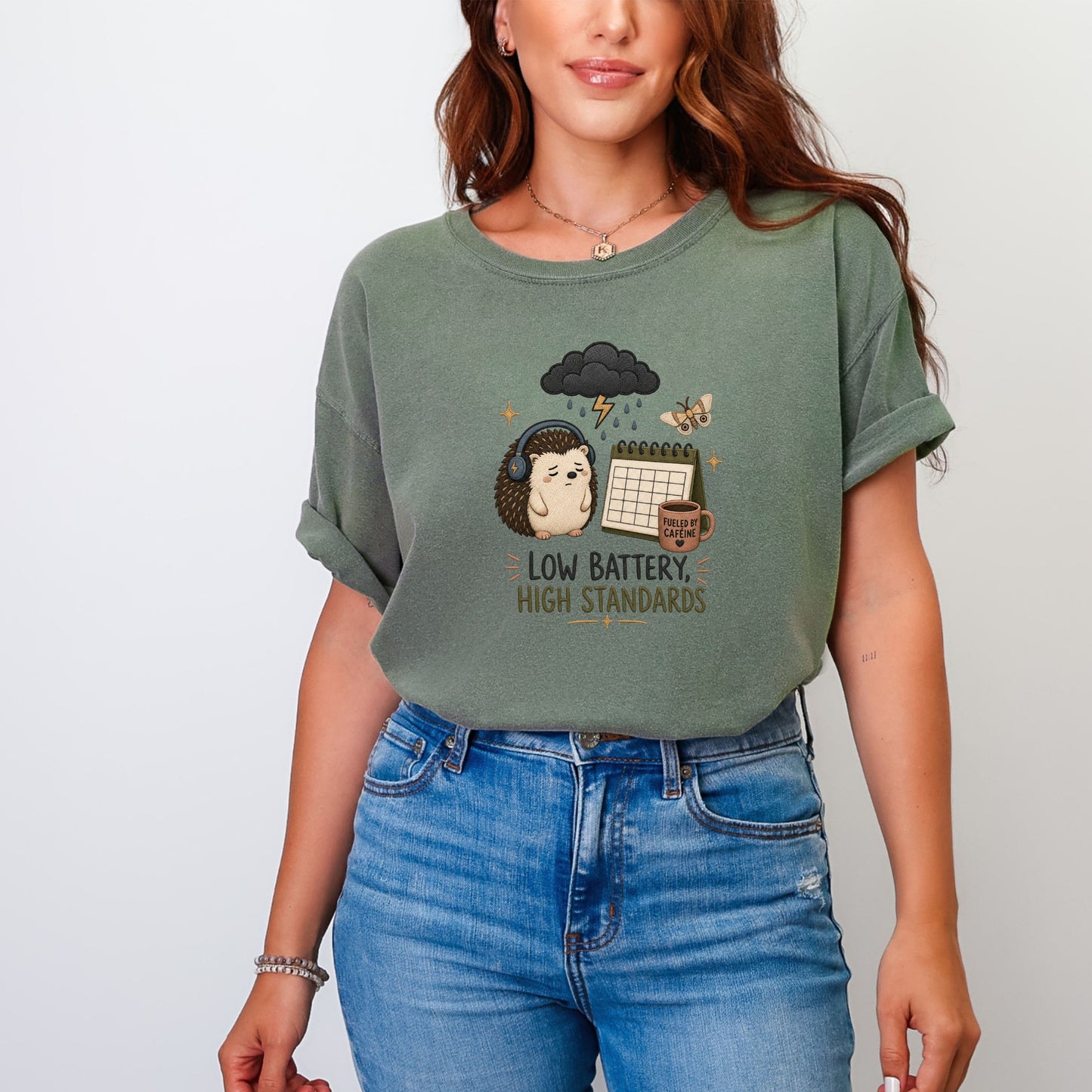 Green t-shirt with a hedgehog wearing headphones, under a rain cloud, with text "LOW BATTERY, HIGH STANDARDS".
