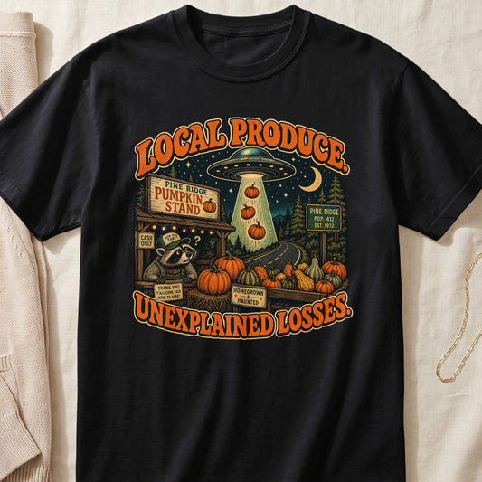 Black t-shirt with "Local Produce Unexplained Losses" text, alien, raccoon, and pumpkins.