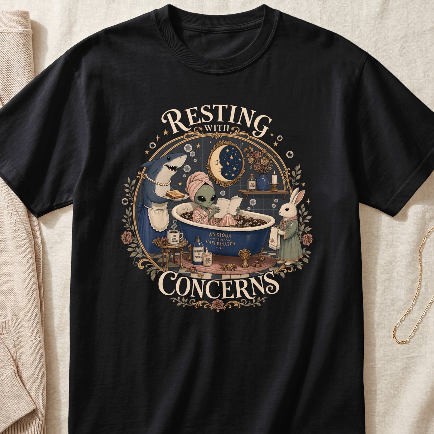 Black t-shirt with "Resting With Concerns" graphic featuring an alien bathing.