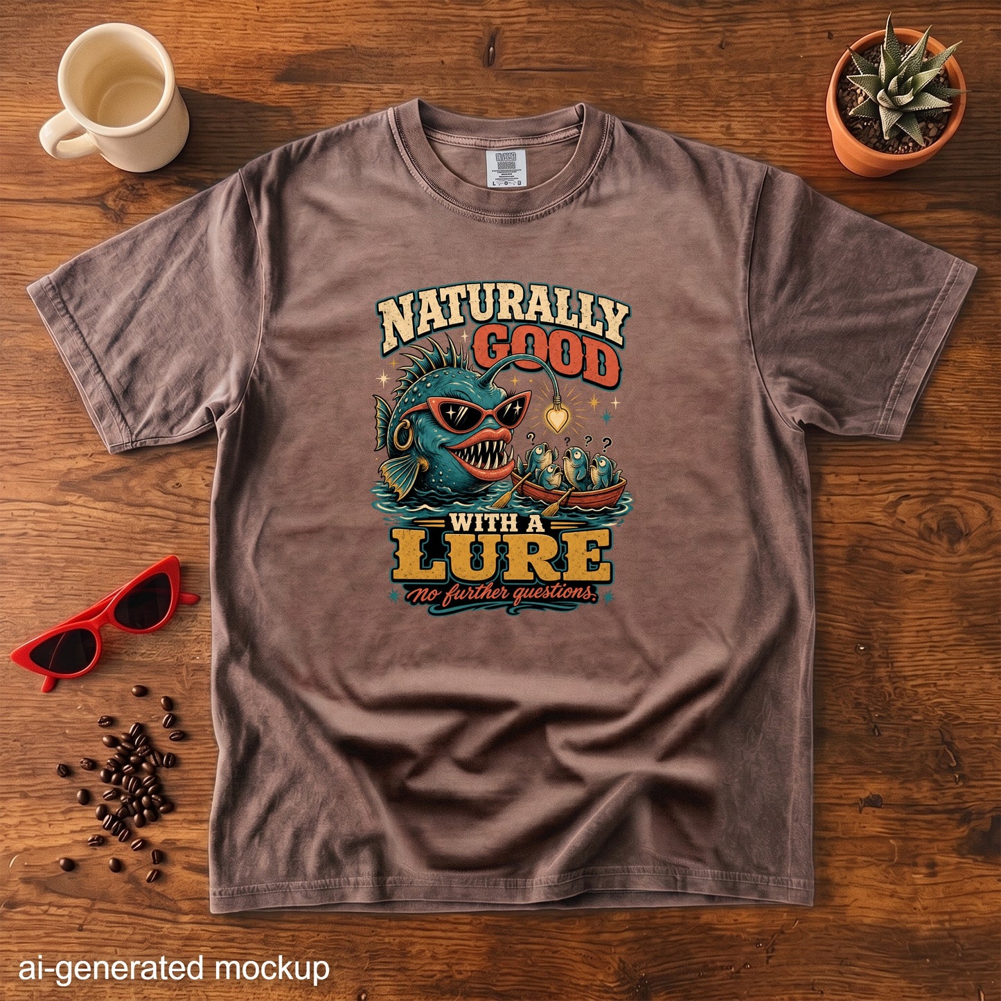 Brown t-shirt graphic with a fish, boat, and text "Naturally Good With A Lure".