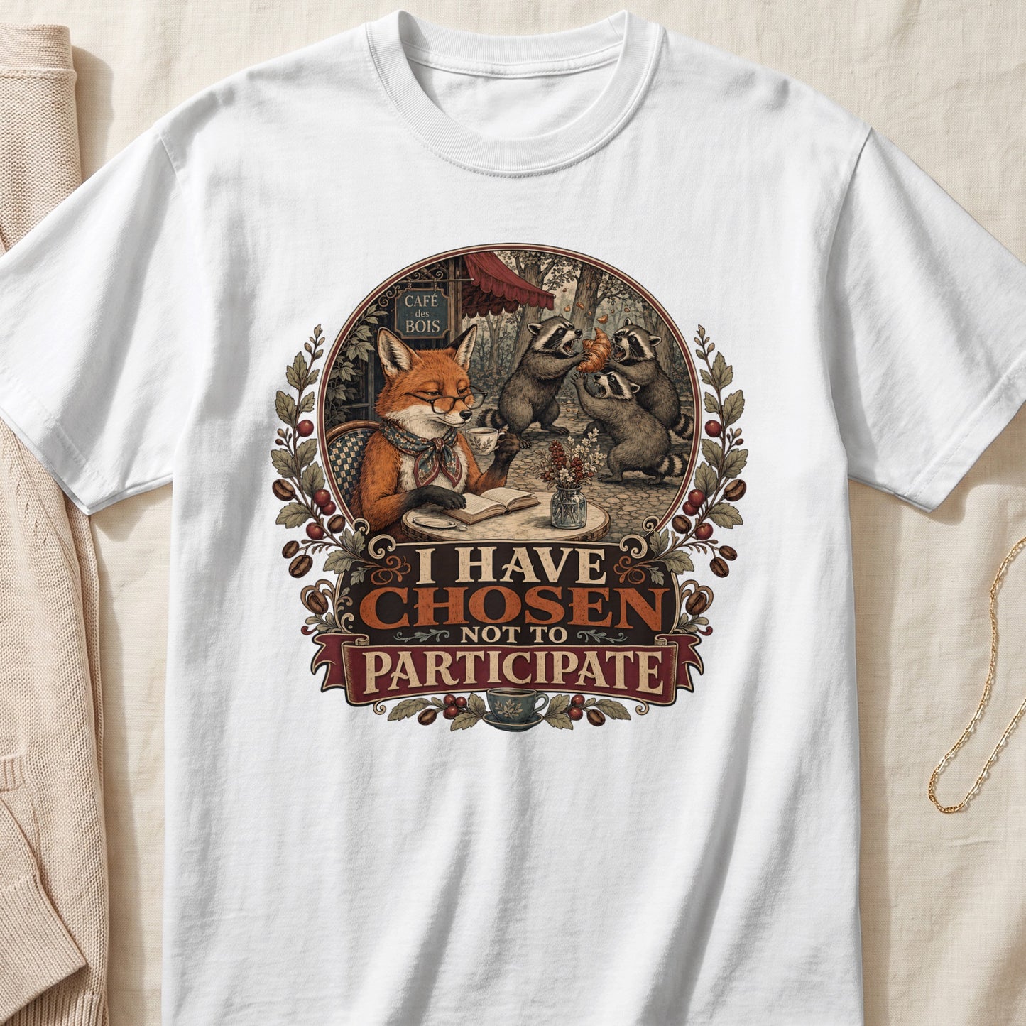 Fox at cafe reading, raccoons fighting over croissant, text "I HAVE CHOSEN NOT TO PARTICIPATE".