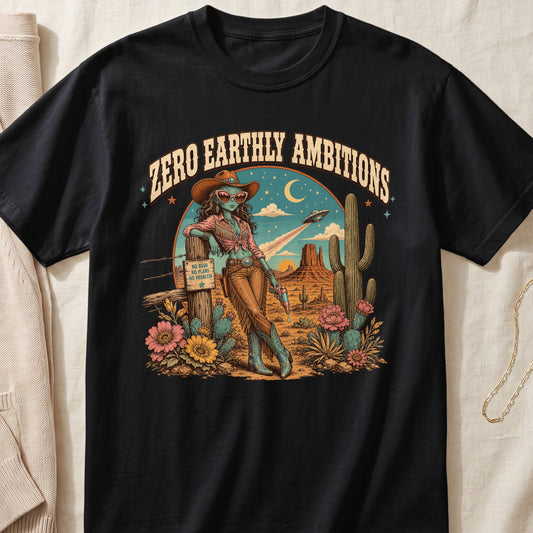 Black t-shirt with desert graphic featuring an alien cowgirl and "ZERO EARTHLY AMBITIONS" text.