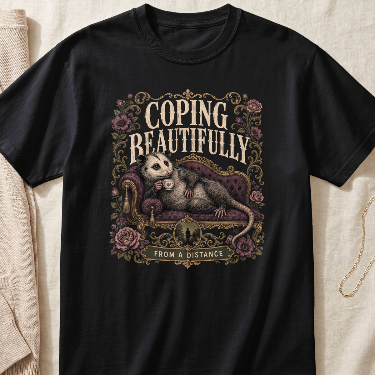 Opossum on a sofa with teacup, text "Coping Beautifully From A Distance".
