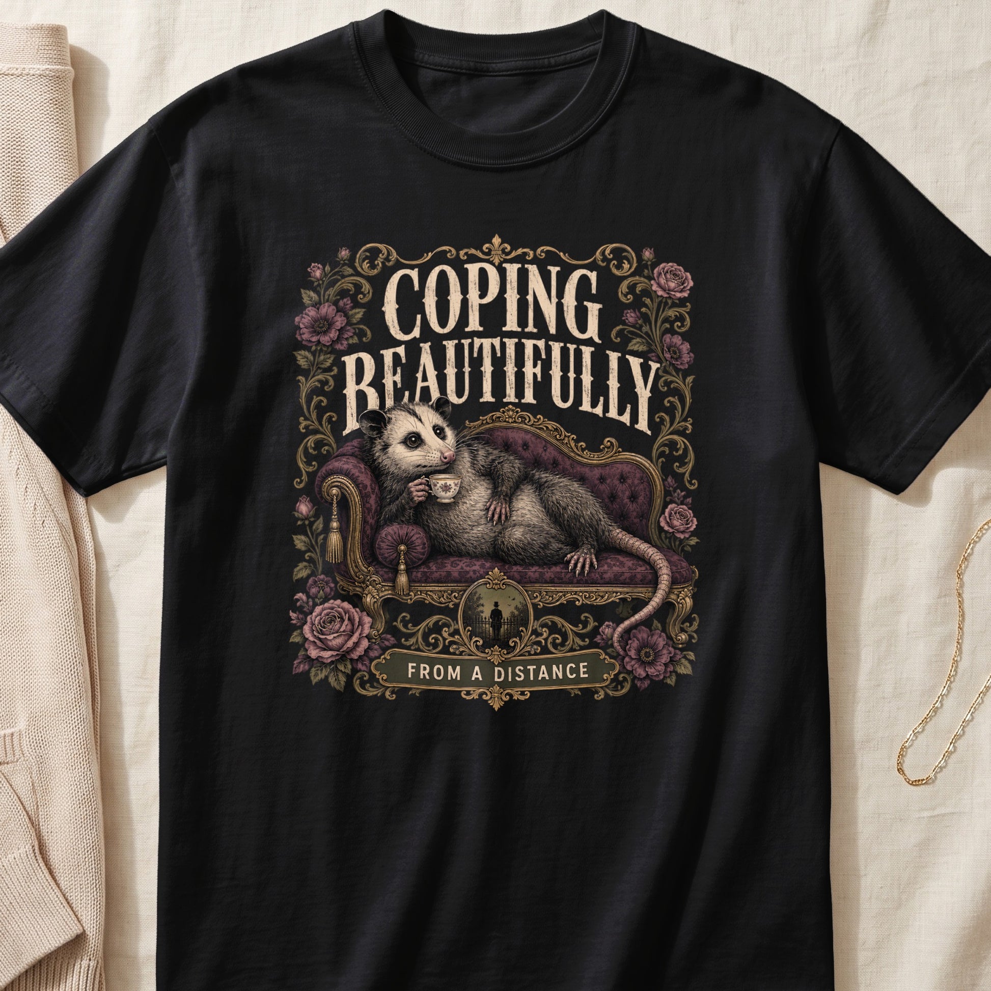 Opossum on a sofa with teacup, text "Coping Beautifully From A Distance".