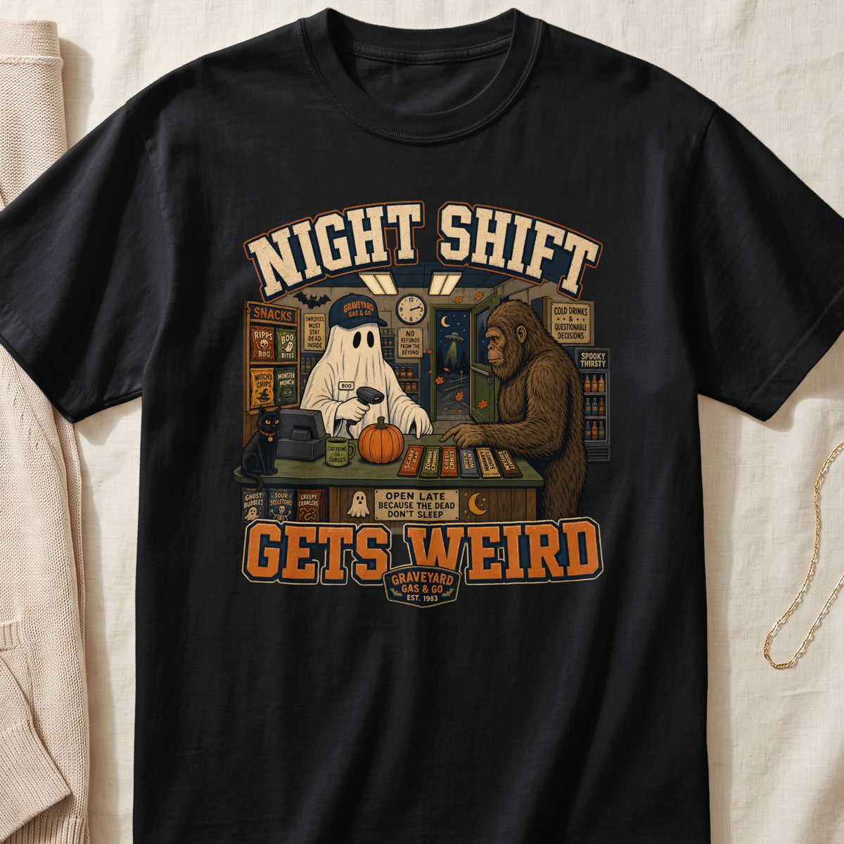 Night Shift Gets Weird graphic featuring a ghost cashier and Bigfoot at a gas station.