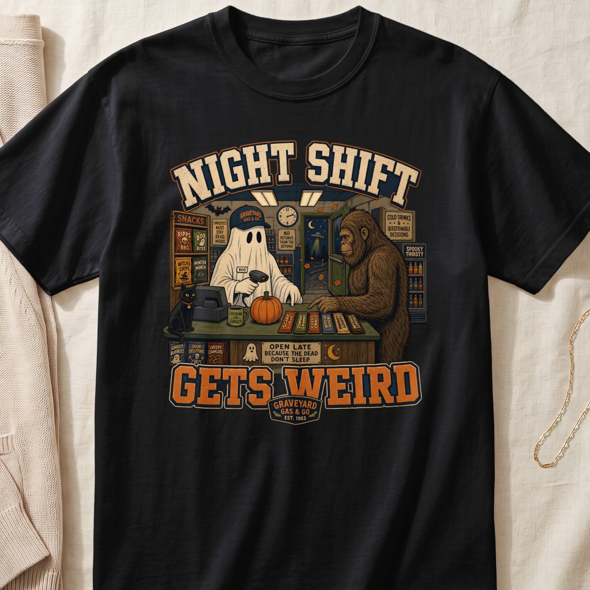 Night Shift Gets Weird graphic featuring a ghost cashier and Bigfoot at a gas station.