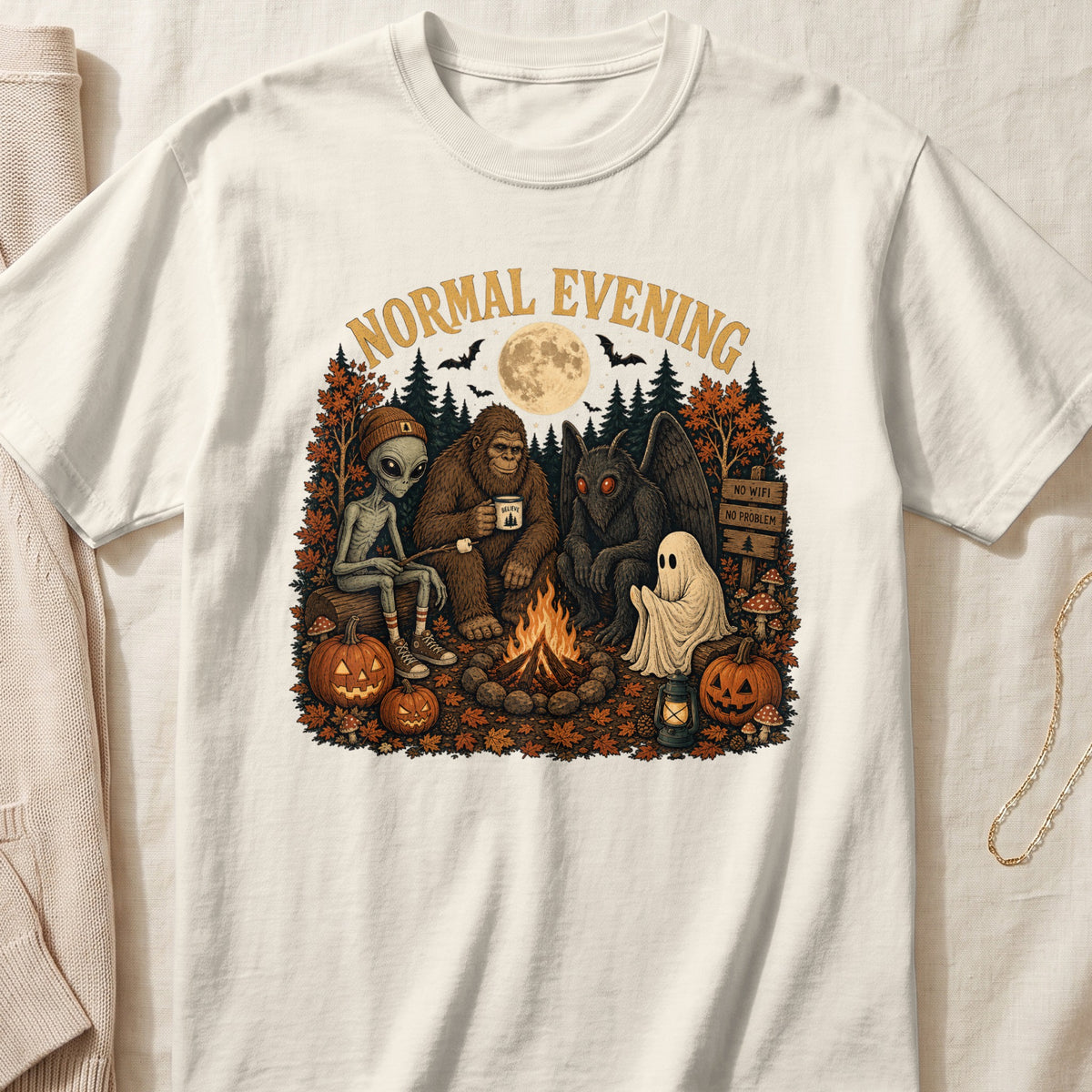 "Normal Evening" text with alien, Bigfoot, Mothman, and ghost around a campfire.