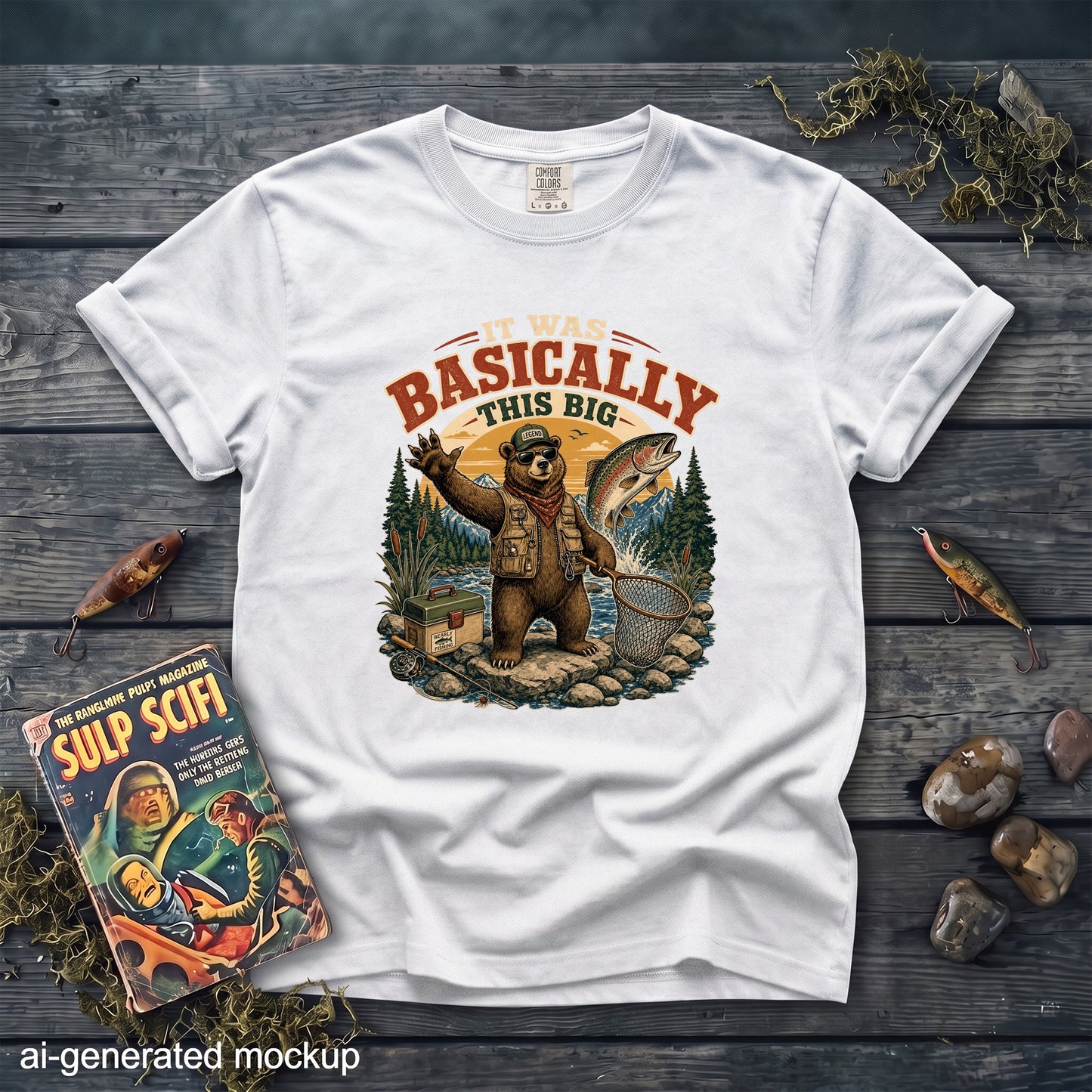 White t-shirt with graphic of fishing bear saying "It Was Basically This Big."