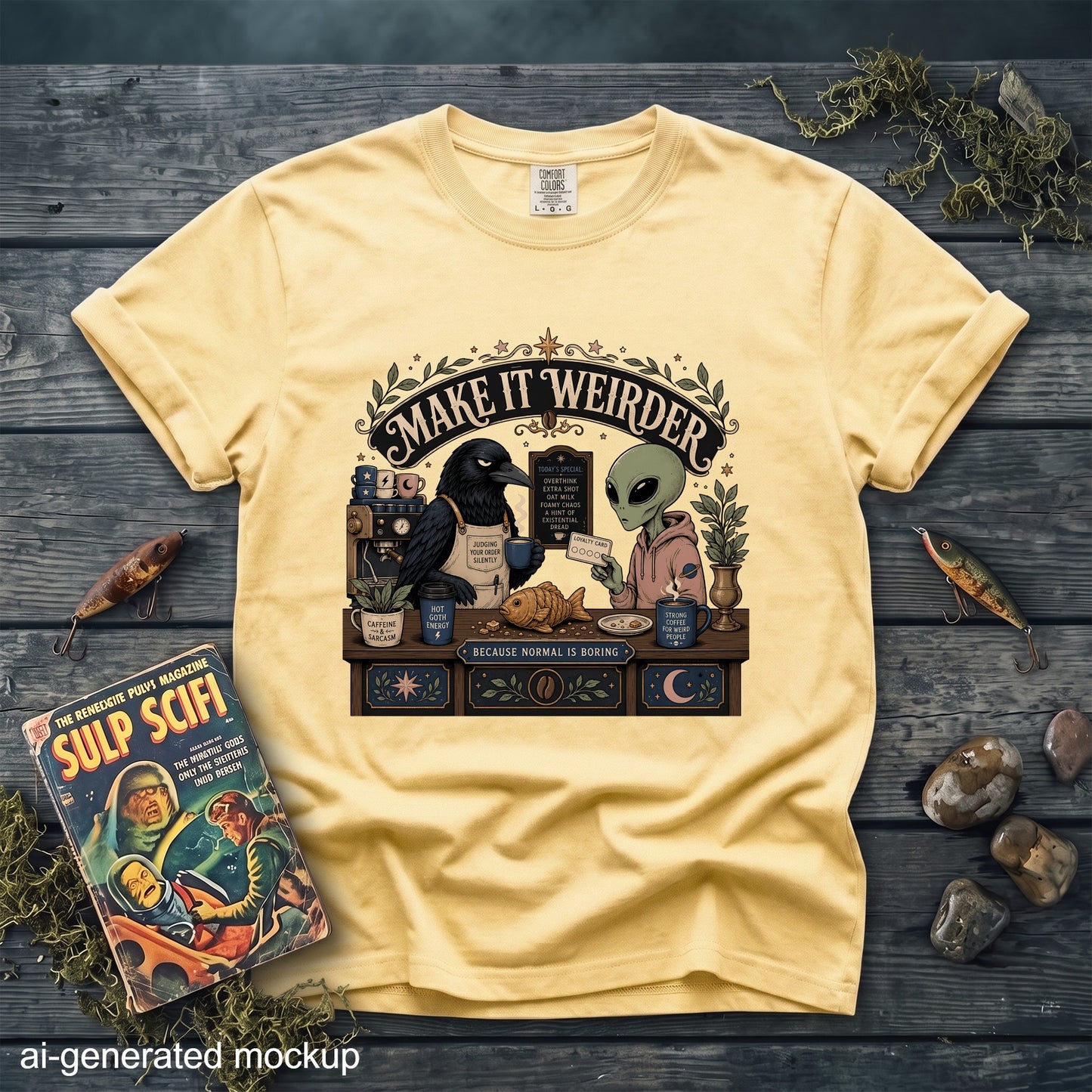 T-shirt with a crow and alien at a coffee counter with "Make It Weirder" text.