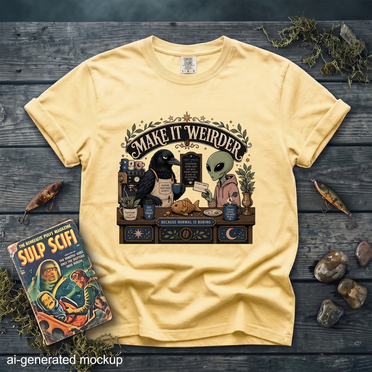 T-shirt with a crow and alien at a coffee counter with "Make It Weirder" text.