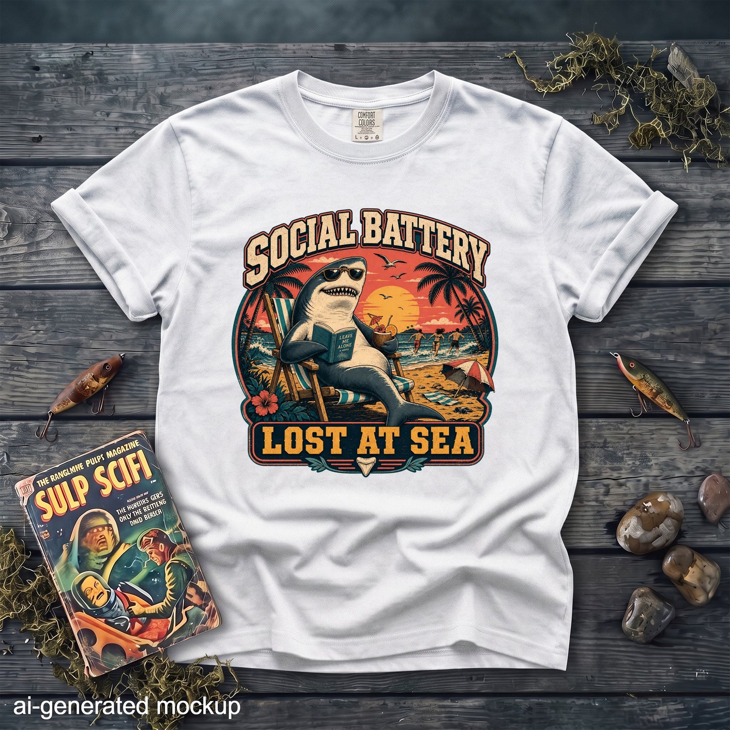 White t-shirt with "Social Battery Lost at Sea" graphic of a shark reading on a beach.