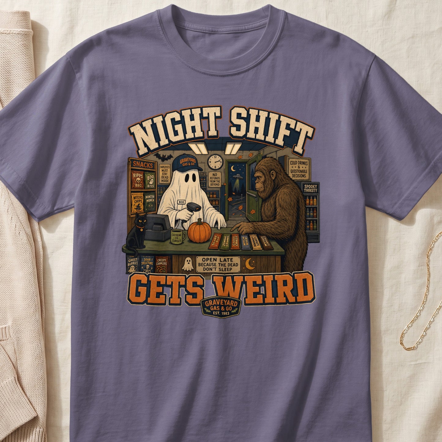 "Night Shift Gets Weird" graphic with a ghost and Bigfoot at a gas station counter.