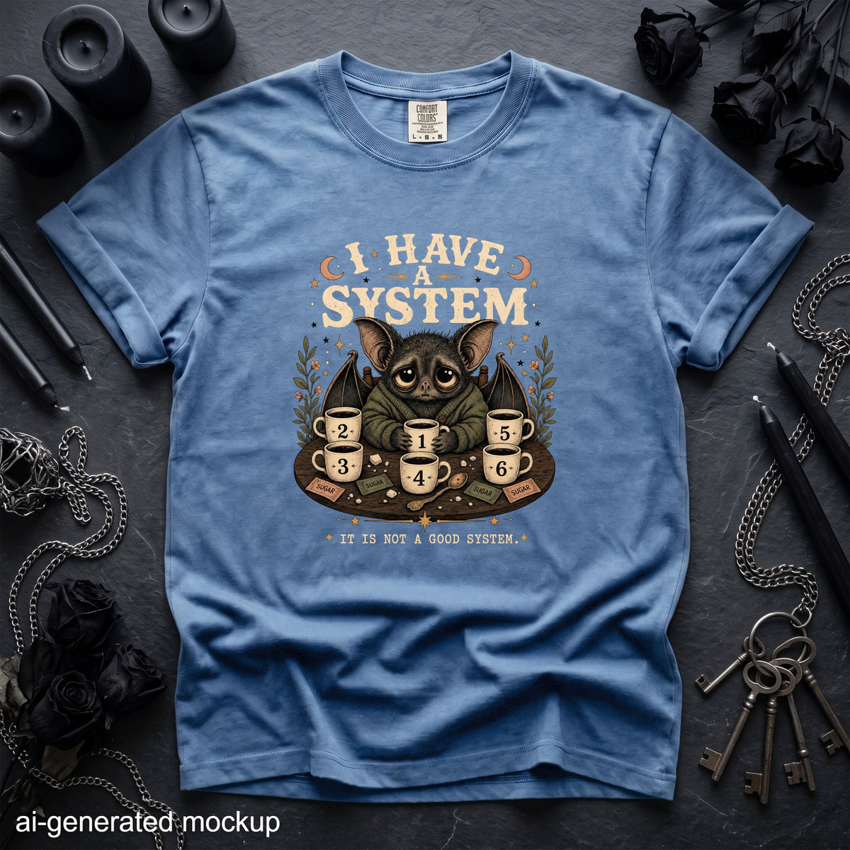 Blue t-shirt with a bat character and the text "I HAVE A SYSTEM IT IS NOT A GOOD SYSTEM."